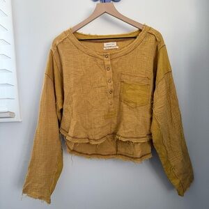 Urban Outfitters Medium Johnny Woven Mustard Henley Top Cotton Gauze Crop Boho